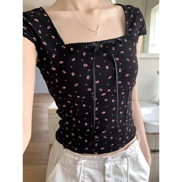 Women's Summer Slim Fit Niche Chic Square Collar Short Sleeve T shirt Top Black - Shop at LoveMi
