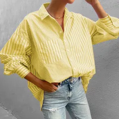 Women's Clothing Fashion Temperament Lapel Loose Long Sleeve Striped Shirt - Yellow - View 1