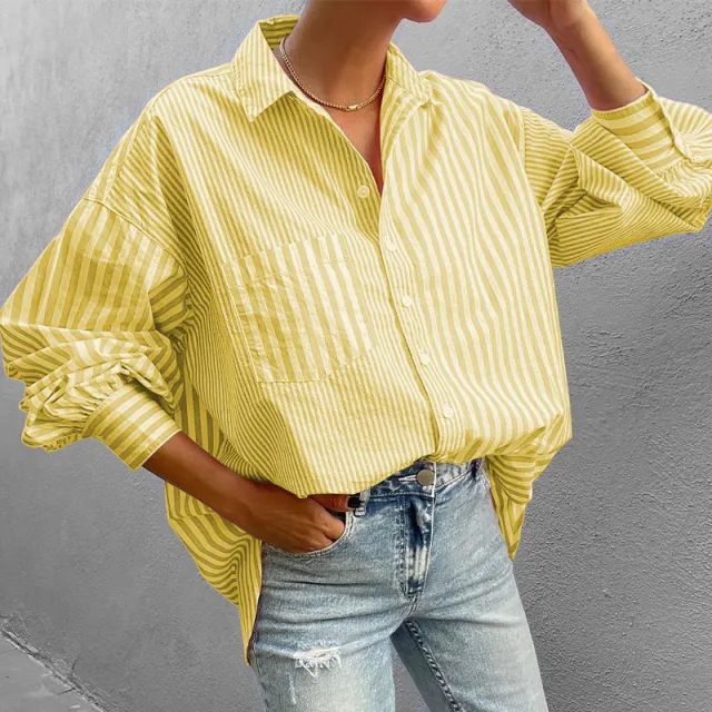 Women's Clothing Fashion Temperament Lapel Loose Long Sleeve Striped Shirt Yellow - Shop at LoveMi