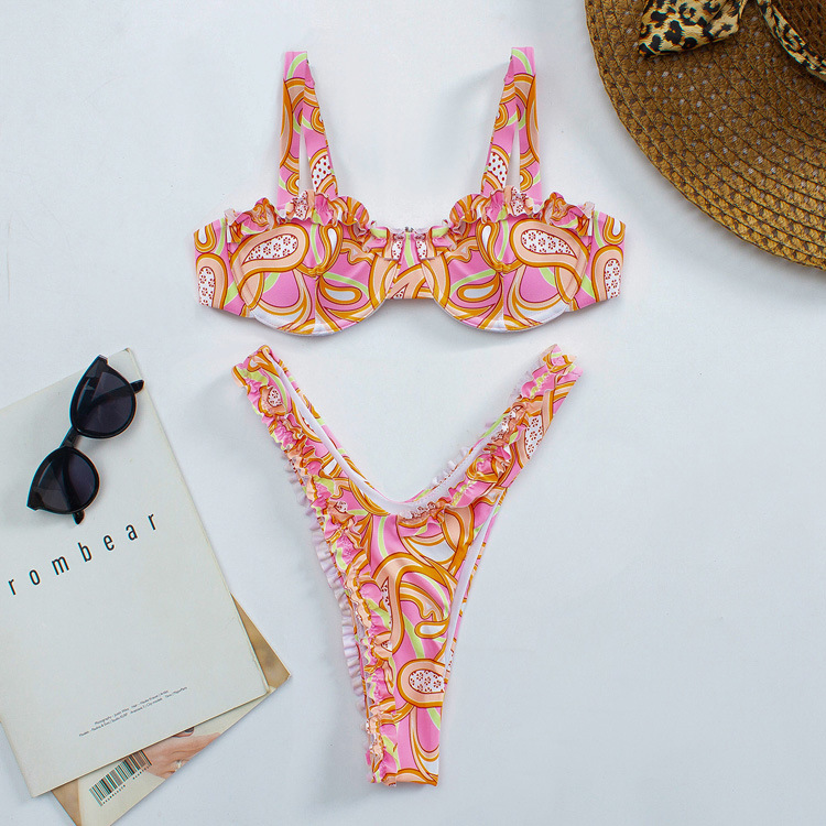 Womens Sexy Floral Two-Piece High-Waist Bikini Set