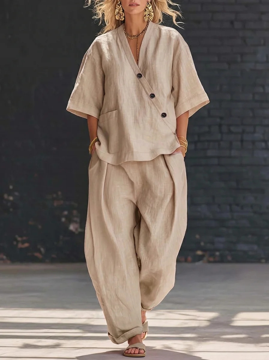 V-neck short sleeve top and high-waist trousers two-piece set model photo – loose fit elegant commuter women's fashion