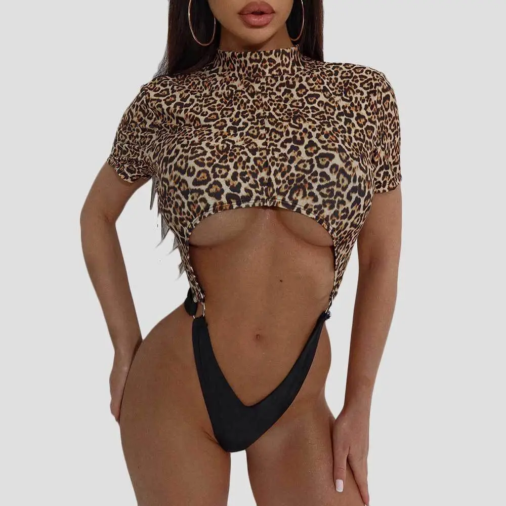 Leopard Print Color Matching Sexy Backless Siamese Bikini - Leopard Print