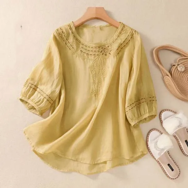 Spring And Summer Loose Artistic Vintage Cotton And Linen Embroidered Shirt - Yellow