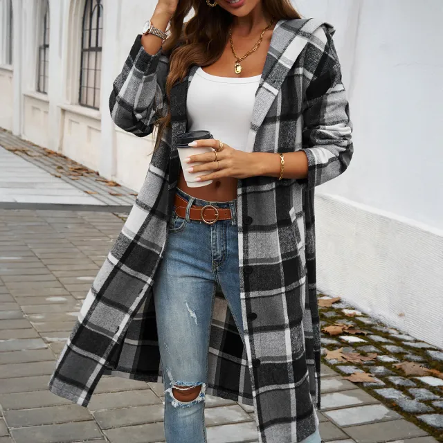 Women's Autumn And Winter Clothing Casual Loose Contrast Color Breasted Hooded Jacket Gray - Shop at LoveMi