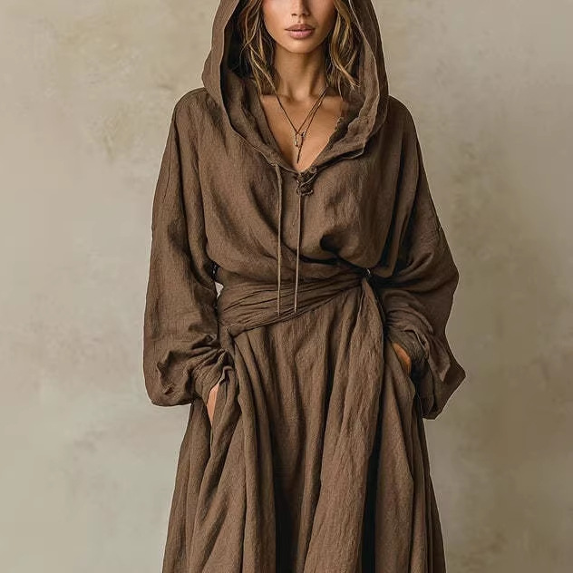 Womens Casual Loose-fitting Hooded Dress With A Belt