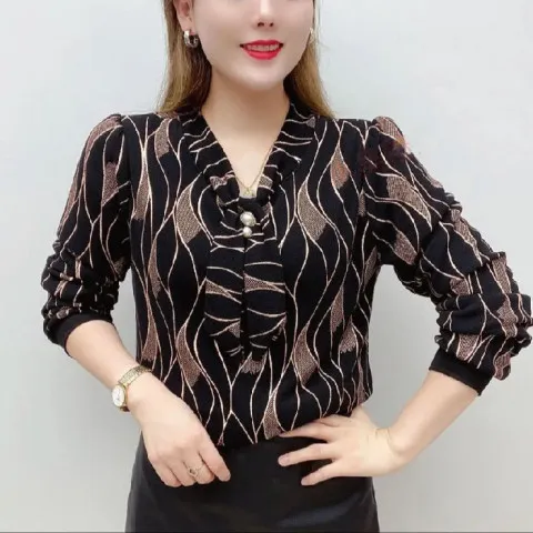 Spring And Autumn New Ribbon Loose Plus Size T shirt Bottoming Shirt Wavy Black Not Fleece Lined - Shop at LoveMi