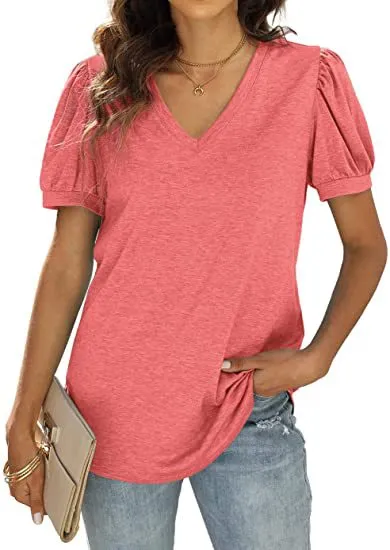 European And American Summer Casual V neck Solid Color Puff Sleeve Loose T shirt For Women Pink - Shop at LoveMi