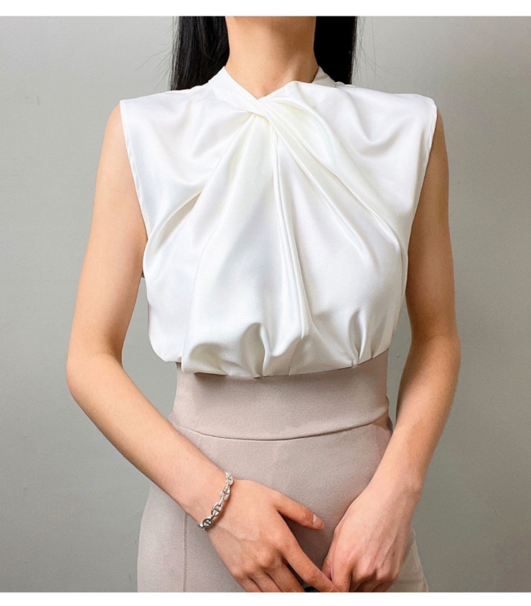 Twist Pleated Single-Breasted Sleeveless Shirt – White
