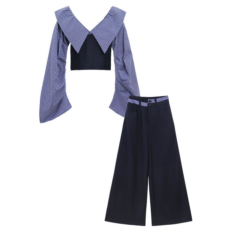 Striped Halterneck Chic Long-sleeve Shirt Paired With Draping Patchwork Wide-leg Pants