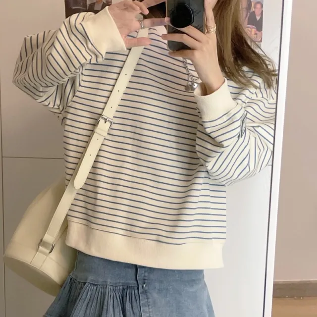 Korean Style Loose Design Striped Top Round Neck Beige Stripes - Shop at LoveMi