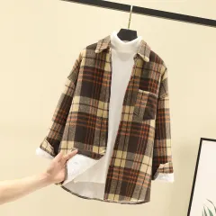 Japanese Woolen Cardigan Coat Fleece Plaid Shirt Women - Khaki - View 1