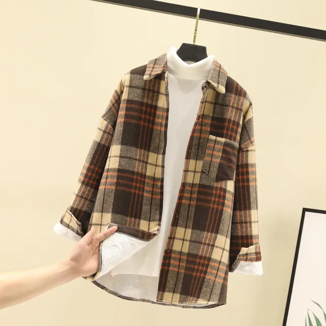 Japanese Woolen Cardigan Coat Fleece Plaid Shirt Women Khaki - Shop at LoveMi