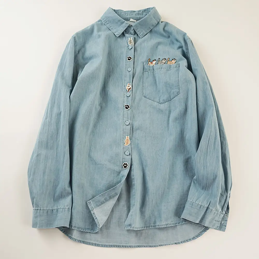 Embroidered Washed Denim Long-Sleeve Shirt Womens Single-Breasted Top