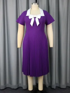 Plus Size Elegant Pleated Bow Square Collar Slimming Dress - Dark Purple - View 1