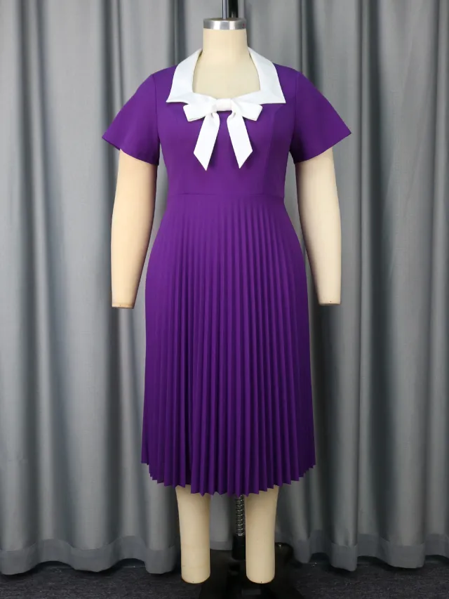 Plus Size Elegant Pleated Bow Square Collar Slimming Dress Dark Purple - Shop at LoveMi