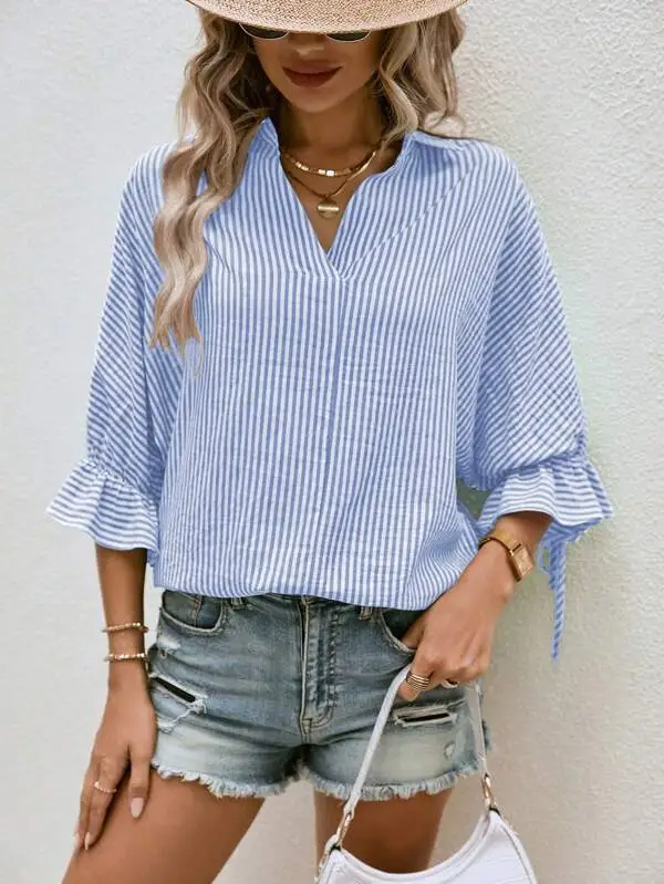 Spring And Summer Striped Flared Batwing Sleeve 34 Sleeve Back Slit V neck Casual Shirt Blue - Shop at LoveMi