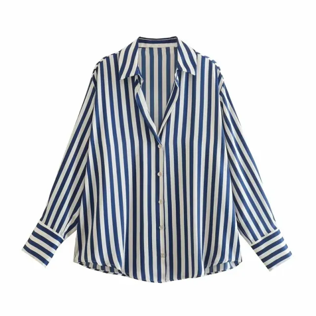 All match Silk Satin Texture Draping Long sleeved Shirt For Women Blue Stripes - Shop at LoveMi