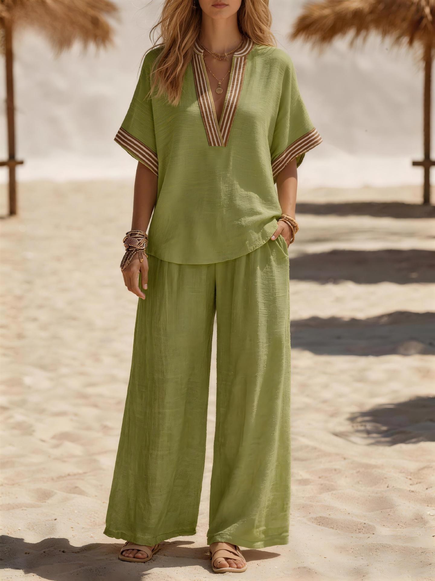 Women's linen cardigan top and wide-leg pants co-ord in all seven colors – Beige, Black, Light Blue, Olive Green, Pink, Red, Yellow