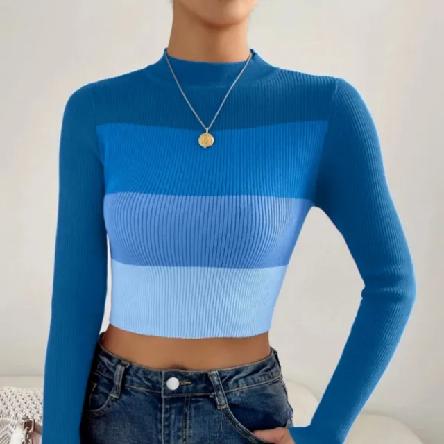 Women's Midriff baring Sweater Striped Slim fit Pullover Sweater Blue - Shop at LoveMi