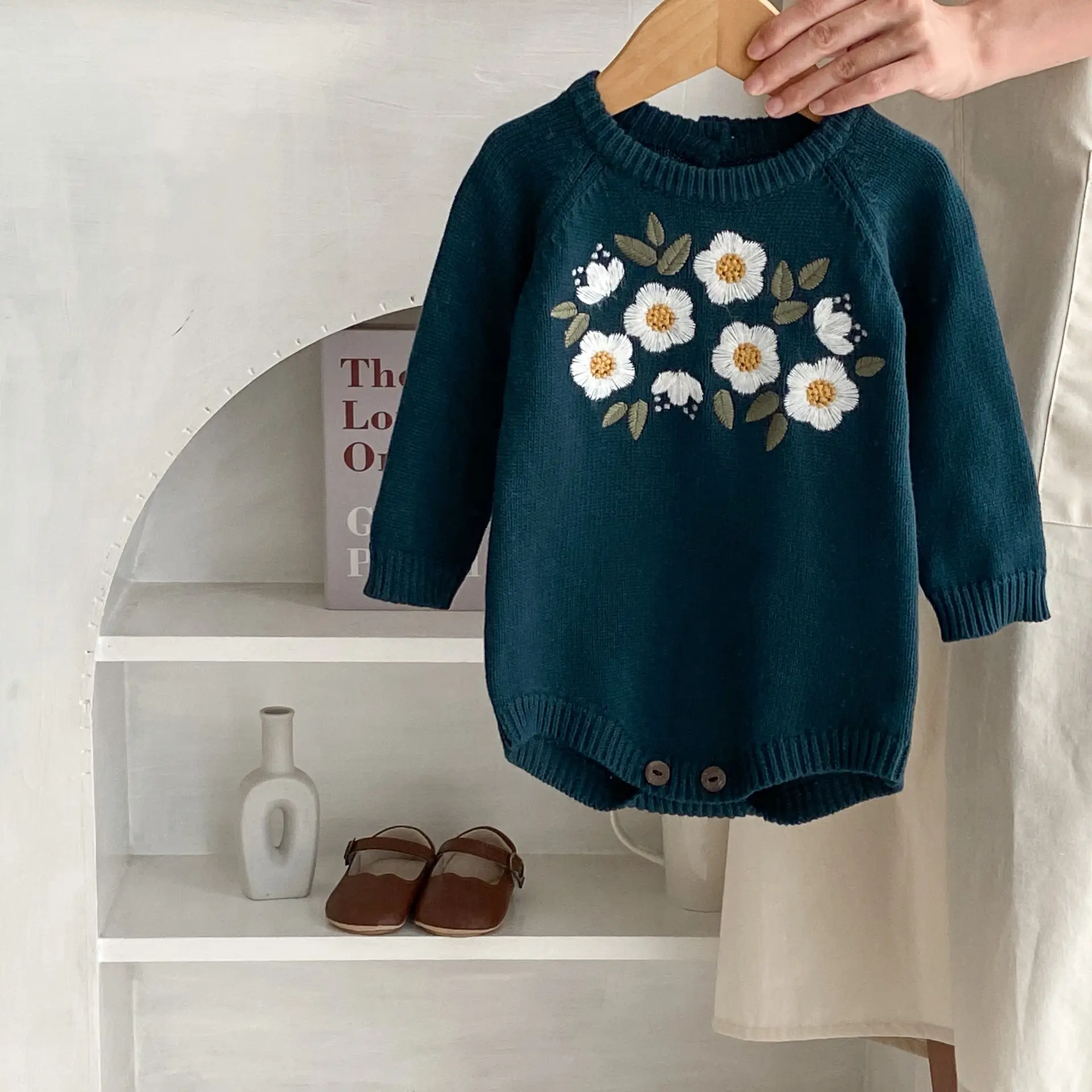 Baby Girl's Dark Green Embroidered Long Sleeve Baby Bodysuit Triangle Rompers