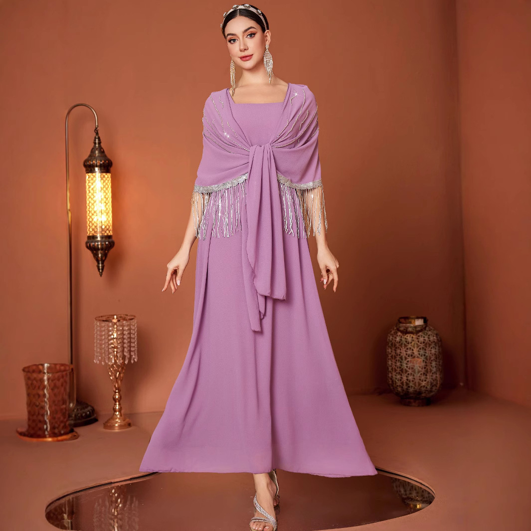 Evening Wear Asterism Sequin Tassel Shawl Fake Two piece Silver Robe Pink - Shop at LoveMi