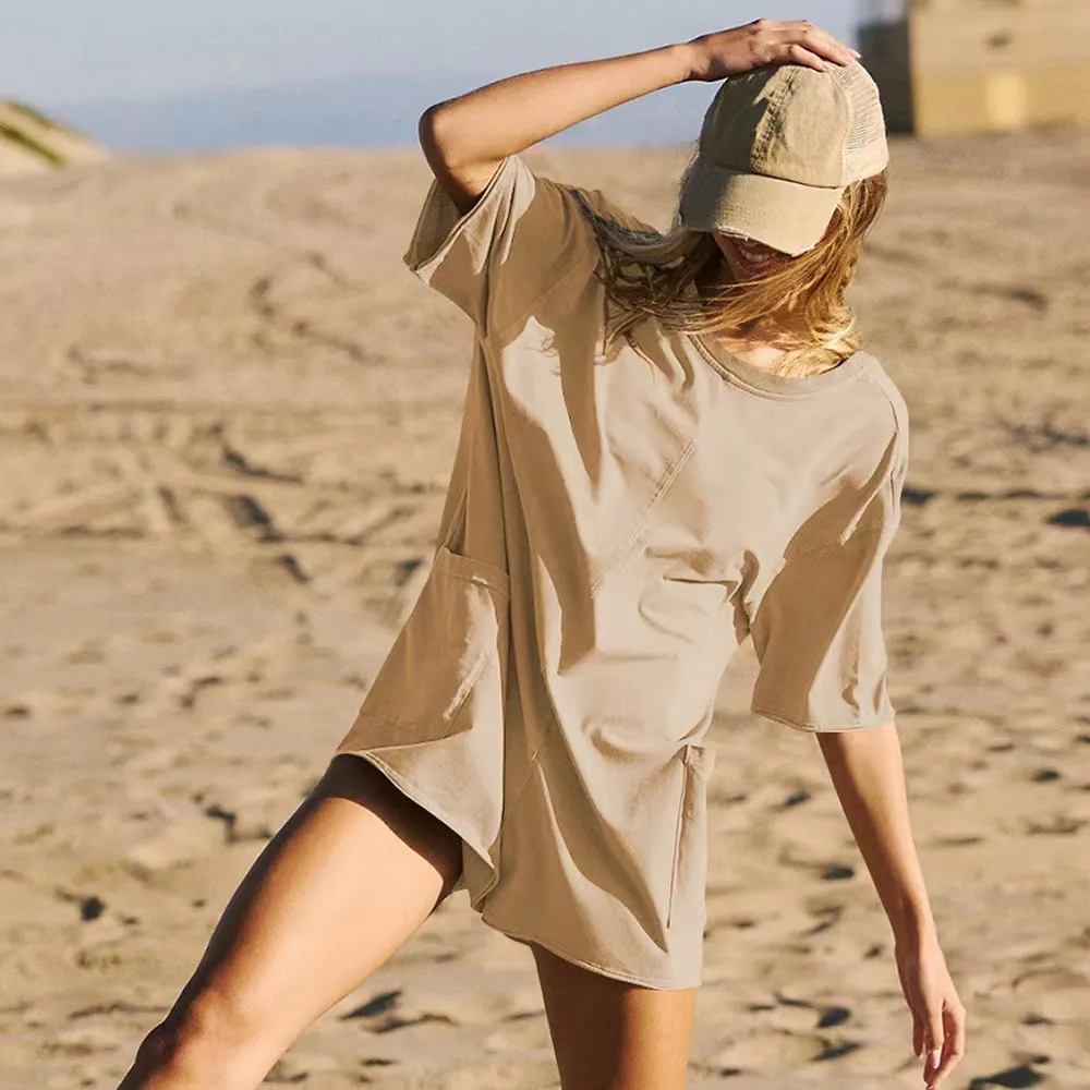 Women's Loose Short-sleeved Shorts Jumpsuit Summer Casual Backless Beach Overall Pants With Pockets - Khaki