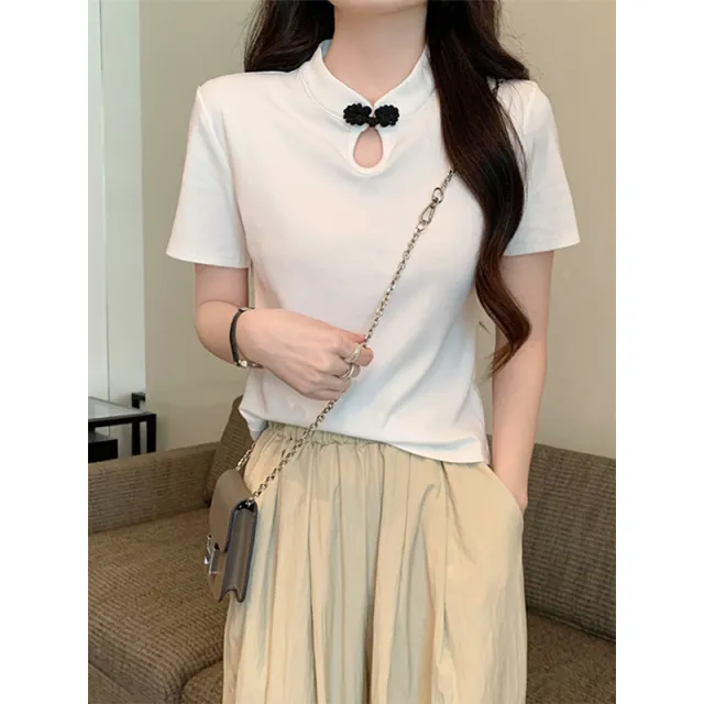 New Frog Button Short Sleeve T shirt Summer New National Style White - Shop at LoveMi