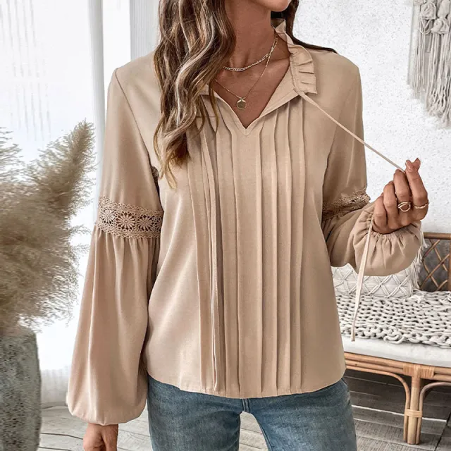 Top Drawstring V neck Pleated Shirt Khaki - Shop at LoveMi