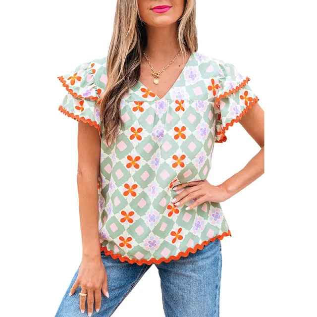 Women's Fashionable Multi color Geometric Printed Chiffon Shirt Lc25131561P920 Short Sleeve - Shop at LoveMi