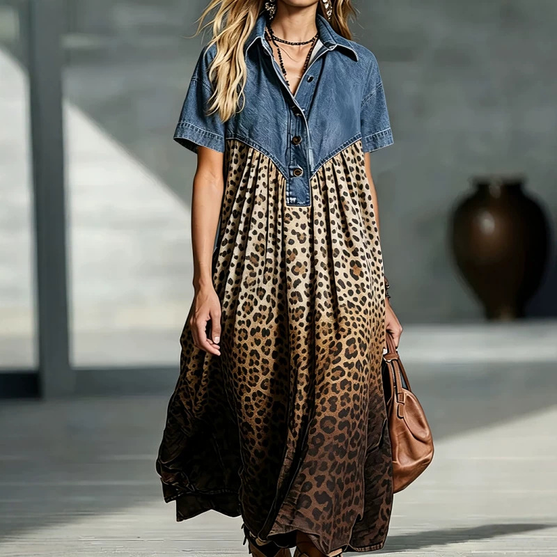 Leopard-print Patchwork Faux Denim Dress For Women