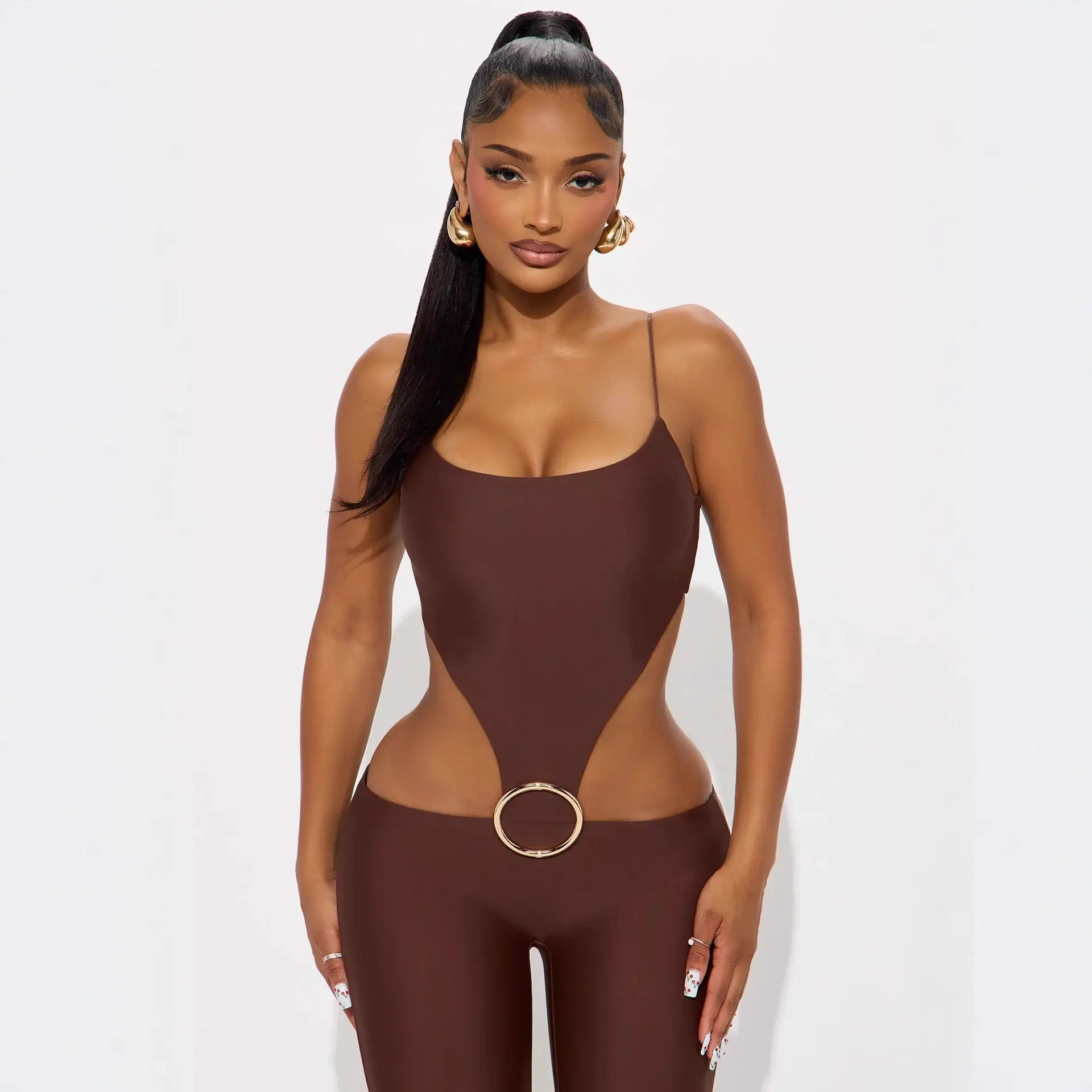 Women's Fashionable And Sexy Hollow-out Strap Top With Mid-waist Tight-fitting Jumpsuit