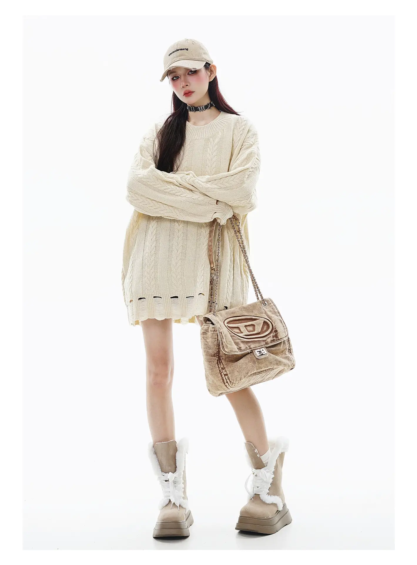 Twist Weave Retro Tattered Jeans Round Neck Knitted Sweater