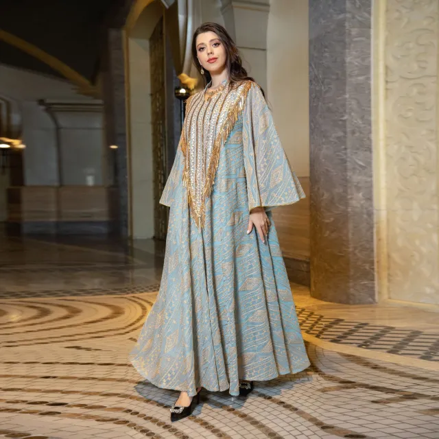 Festival Evening Dress Arabic Dubai Mesh Embroidered Sequins Robe Middle East Light Green - Shop at LoveMi