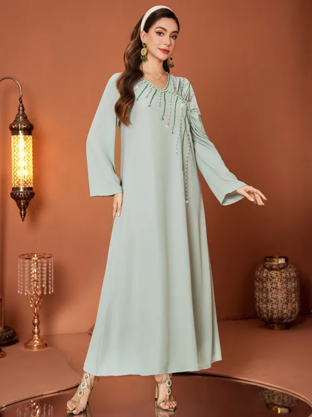 Asymmetric Sleeves Dress Fashion V neck Loose Long Green - Shop at LoveMi