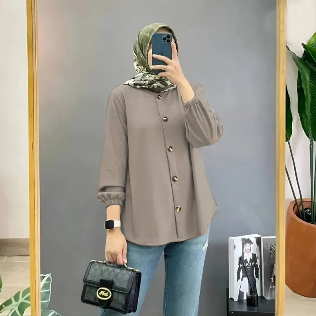 Muslim Ice Silk Wrinkle Stand up Collar Literary Vintage Cardigan Loose Shirt Women Mocha Color - Shop at LoveMi