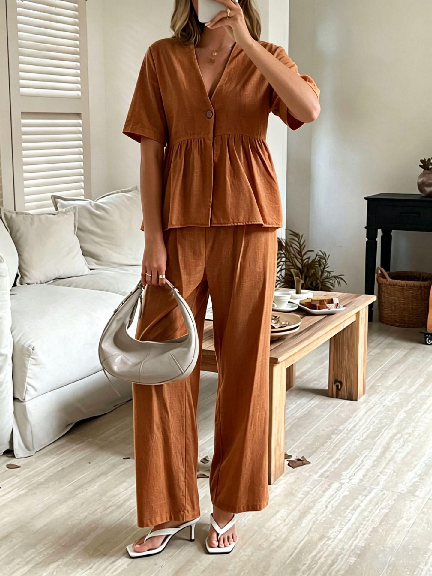 Women's V-Neck Loose Set in Amber – warm tone outfit