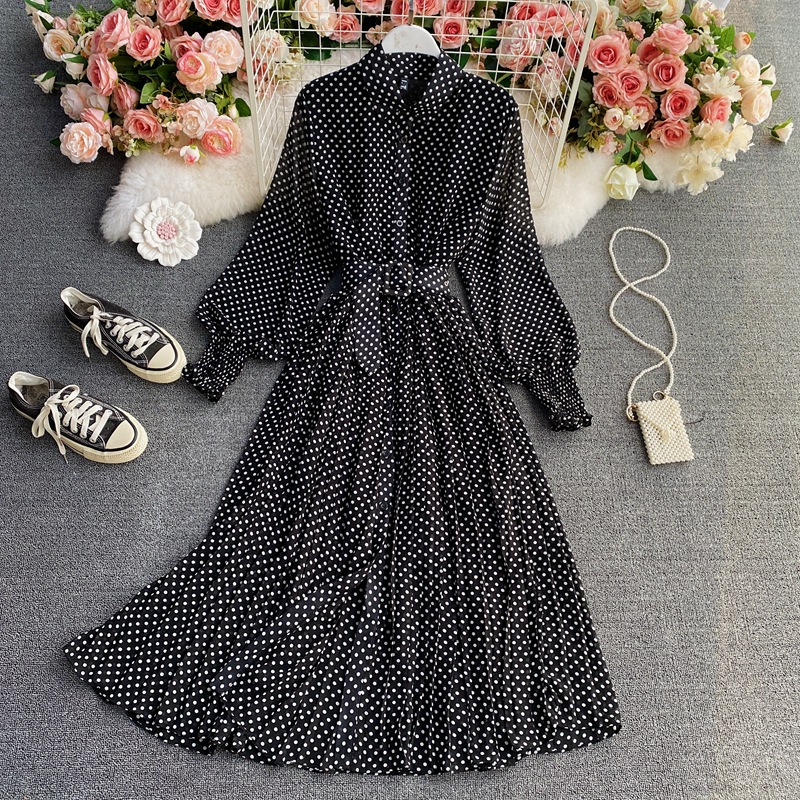 Polka Dot Chiffon Shirt Collar Temperament Waist controlled Large Hem Pleated Long Skirt Black - Shop at LoveMi