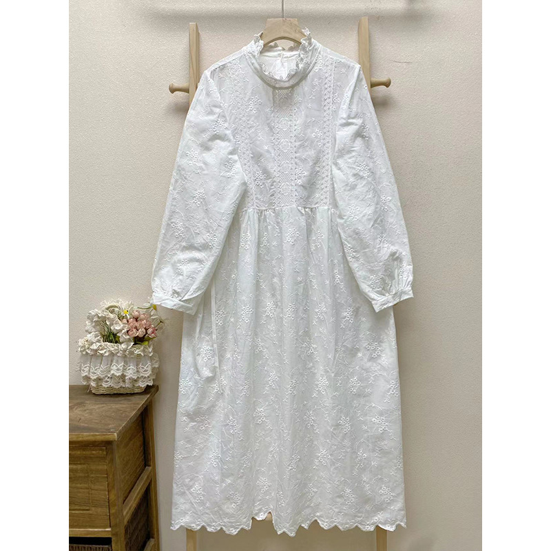 Embroidered Cotton Long Sleeve Maxi Dress