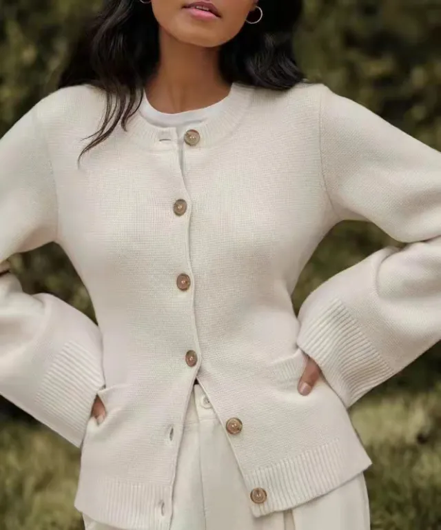 Knitted Cardigan Coat Women's Idle Style Waist Round Neck Sweater Autumn Winter Coat Ivory White - Shop at LoveMi
