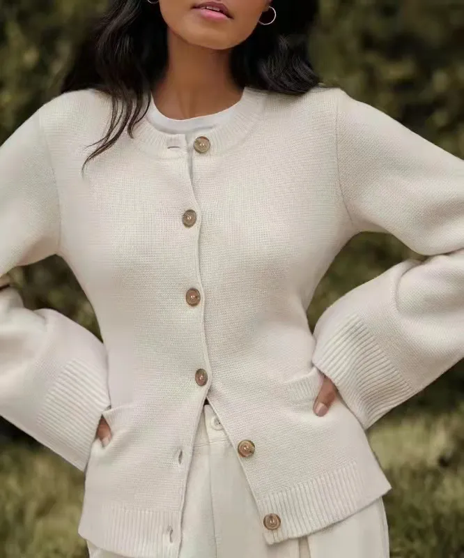 Knitted Cardigan Coat Women's Idle Style Waist Round Neck Sweater Autumn Winter Coat - White