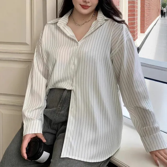 Vertical Stripe Long Sleeve Loose Oversized Shirt White - Shop at LoveMi