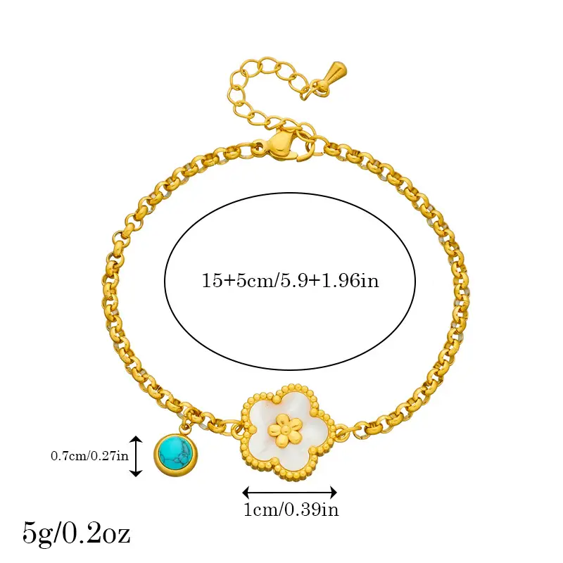 Fashion Elegance Retro Gold Plated Stainless Steel Turquoise Shell Five Petal Flower Bracelet