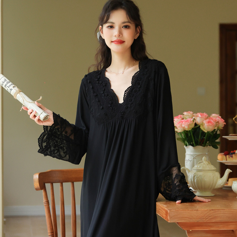 Womens Long sleeve Mesh Spring French style Dress With Embroidered Lace Black - Shop at LoveMi