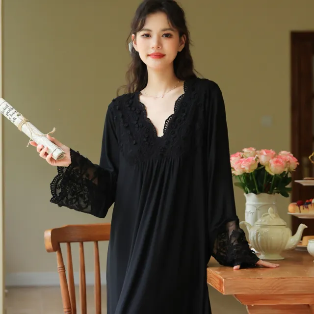 Womens Long sleeve Mesh Spring French style Dress With Embroidered Lace Black - Shop at LoveMi