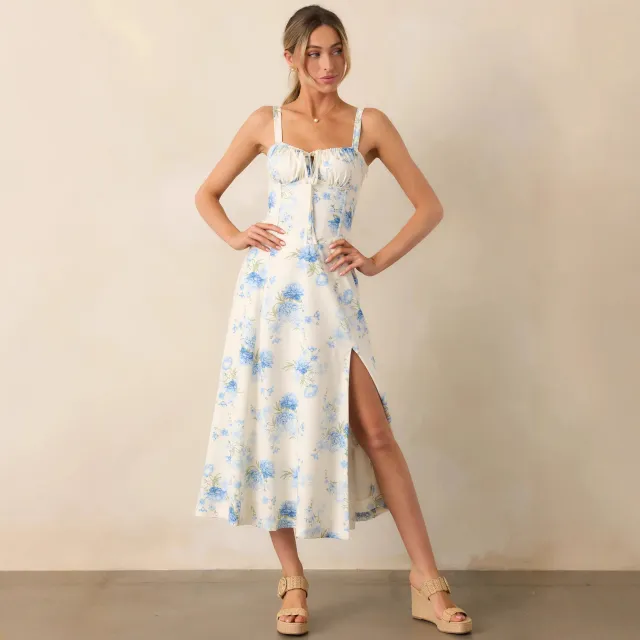 Backless Tie Slit Spaghetti Strap Dress Women White And Blue - Shop at LoveMi