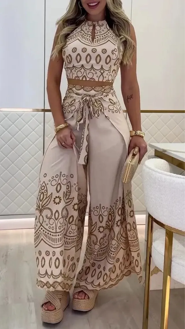 Ethnic Style Halter Top Wide Leg Pants Suit Apricot - Shop at LoveMi