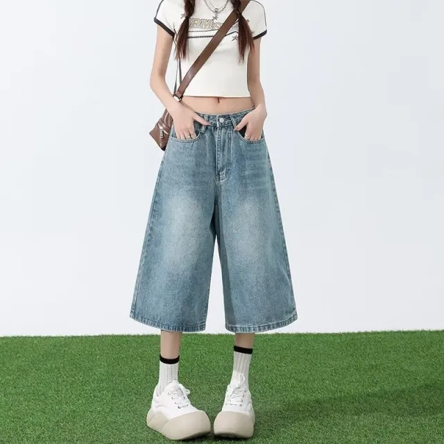 Women's American style Wide leg Cropped Jeans Summer Light Blue - Shop at LoveMi
