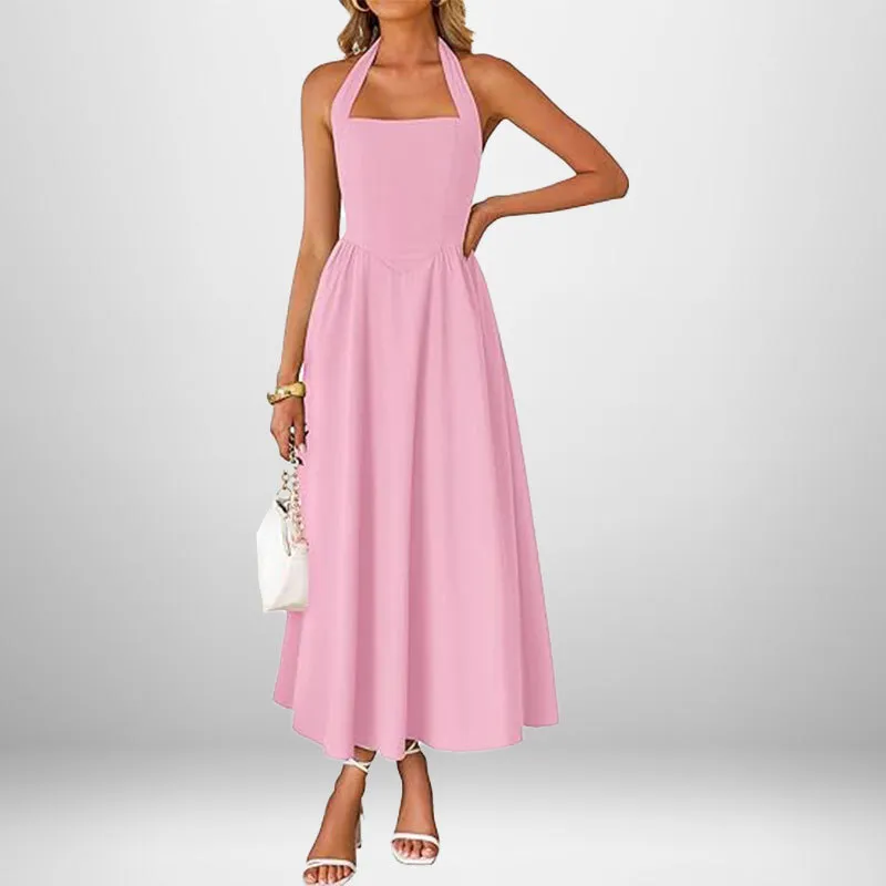 Temperament Wide Camisole Halter Backless Dress - Pink