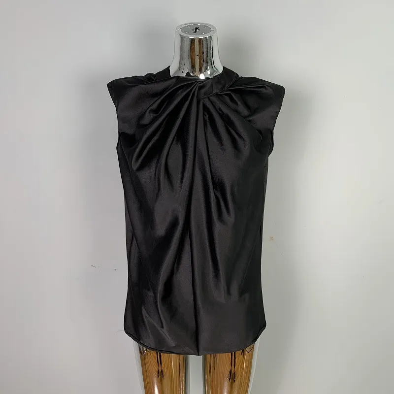 Twist Pleated Single-breasted Sexy All-matching Sleeveless Shirt - Black