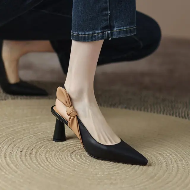 Bow Pointed French High Heel Shoes Chunky Heel Pumps Black - Shop at LoveMi